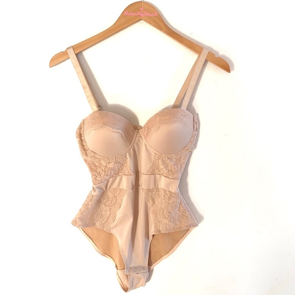 Black Fuchsia - Nude Lace & padded  spandex‎ Bodysuit, Size M